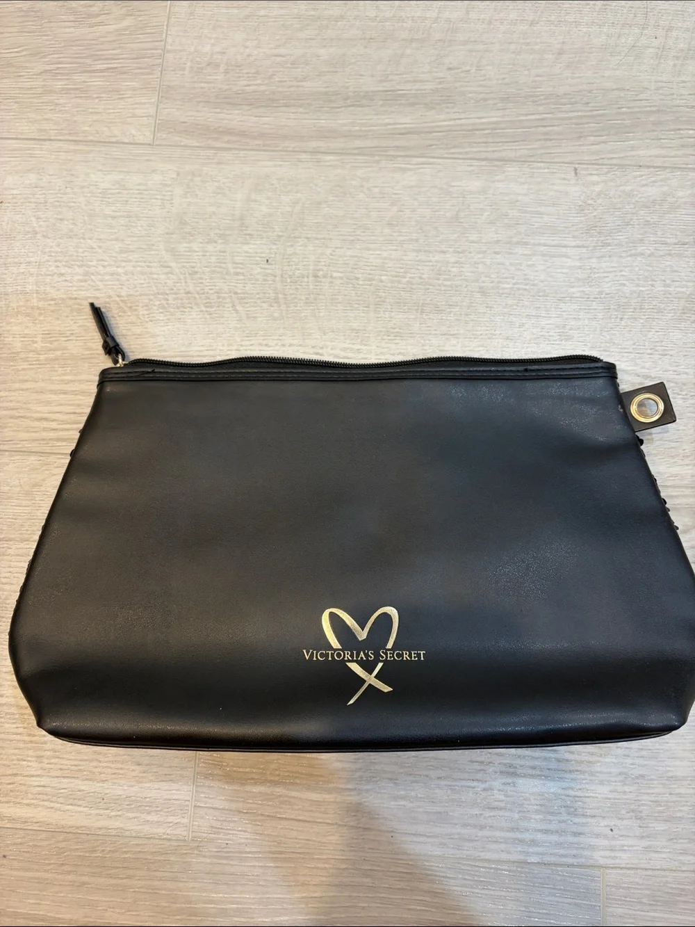 Victoria's Secret Black Sequin Cosmetic Pouch with Pink Heart